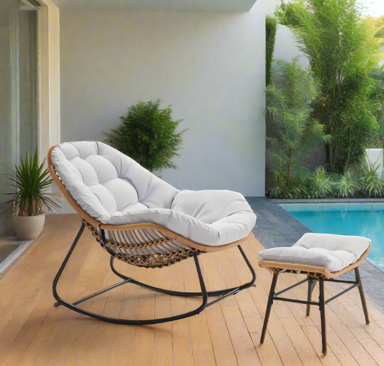 Luxurious Outdoor Wicker Rocking Chair Set with Footstool and Plush Cu Ash Interior