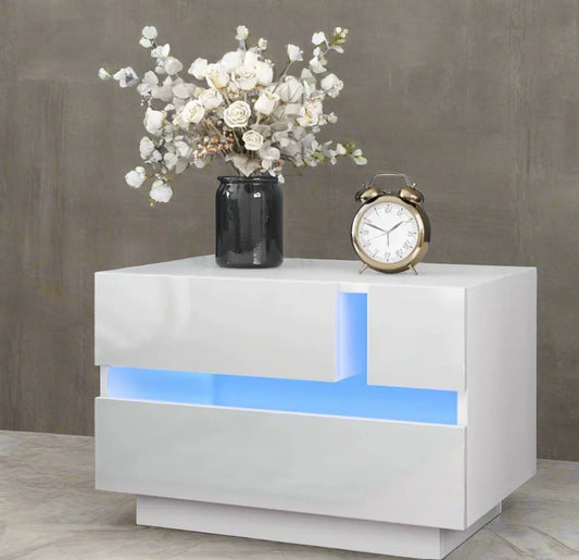 LED Nightstand White Nightstand with 2 High Gloss Drawers