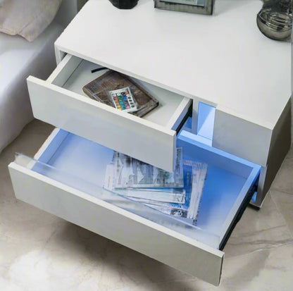 LED Nightstand White Nightstand with 2 High Gloss Drawers