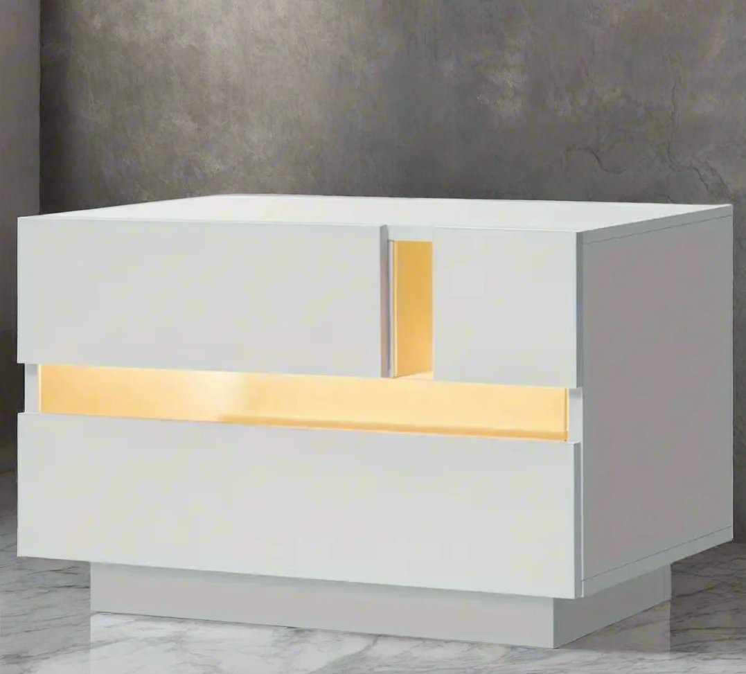 LED Nightstand White Nightstand with 2 High Gloss Drawers