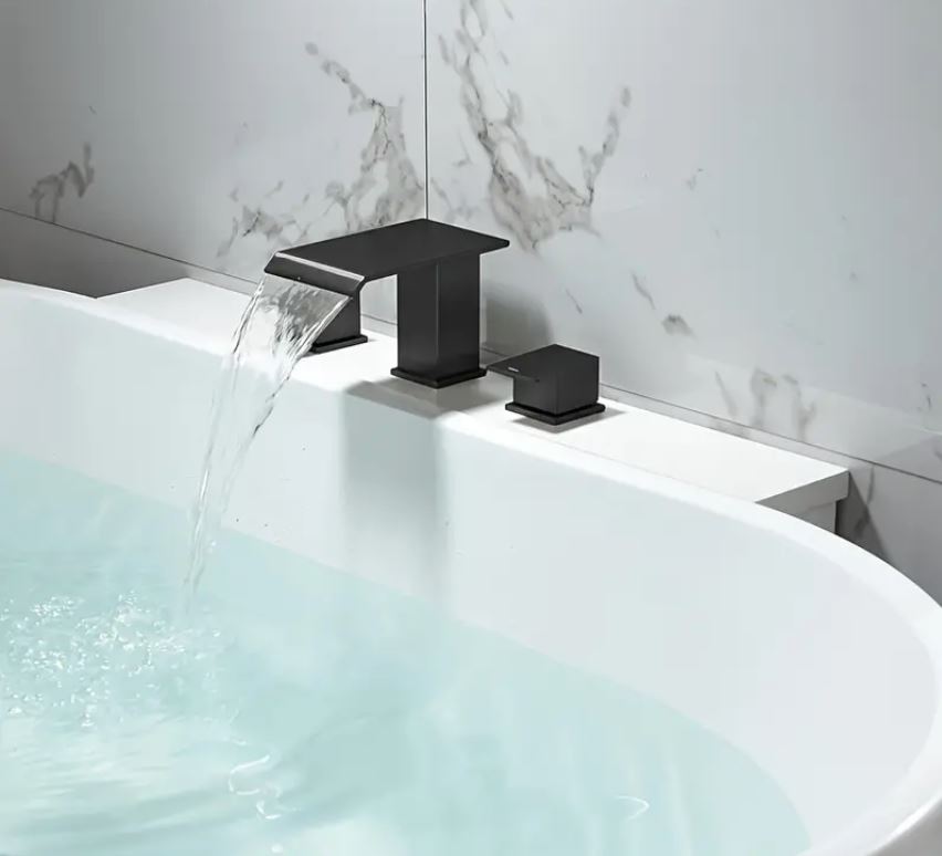 Matt Black 3-Hole 8-Inch Waterfall Bathroom Sink Faucet