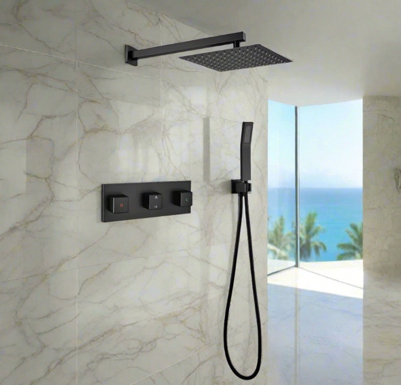 Brass Matte Black Shower Faucet Set with 10-Inch Rainfall Shower Head and Handheld Sprayer