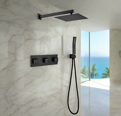 Brass Matte Black Shower Faucet Set with 10-Inch Rainfall Shower Head and Handheld Sprayer