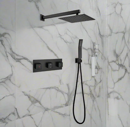 Brass Matte Black Shower Faucet Set with 10-Inch Rainfall Shower Head and Handheld Sprayer