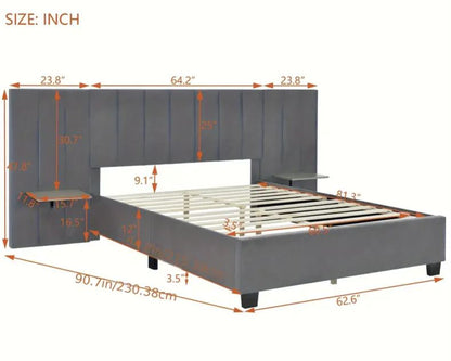 Queen Size Upholstered Platform Bed with Big Headboard Velvet