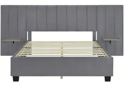 Queen Size Upholstered Platform Bed with Big Headboard Velvet