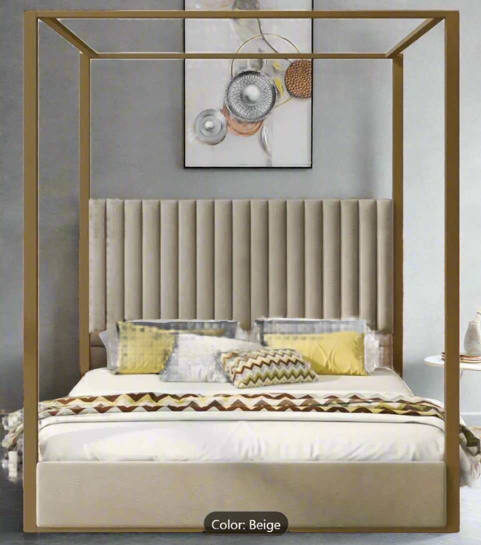 Queen Size Modern Canopy Bed Frame with Upholstered Headboard