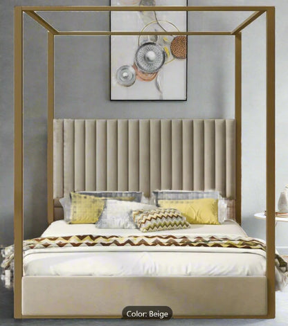 Queen Size Modern Canopy Bed Frame with Upholstered Headboard