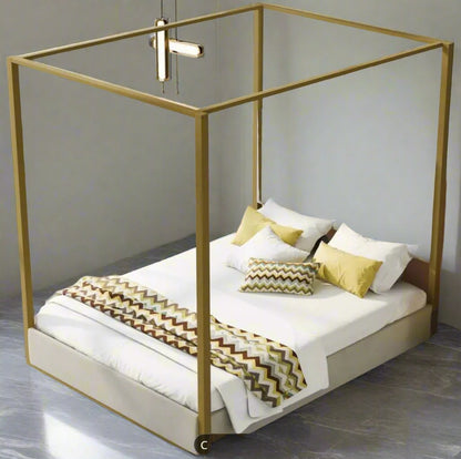 Queen Size Modern Canopy Bed Frame with Upholstered Headboard