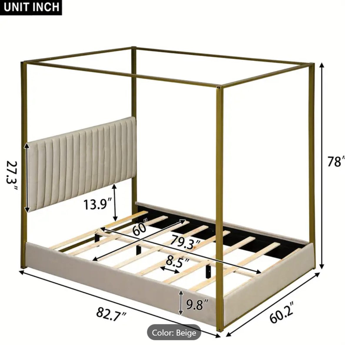 Queen Size Modern Canopy Bed Frame with Upholstered Headboard