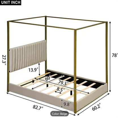 Queen Size Modern Canopy Bed Frame with Upholstered Headboard