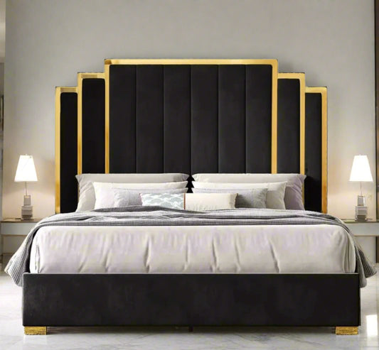 Platform Bed Frame, 61.4"/65" Velvet Upholstered Bed with Golden Trim Headboard