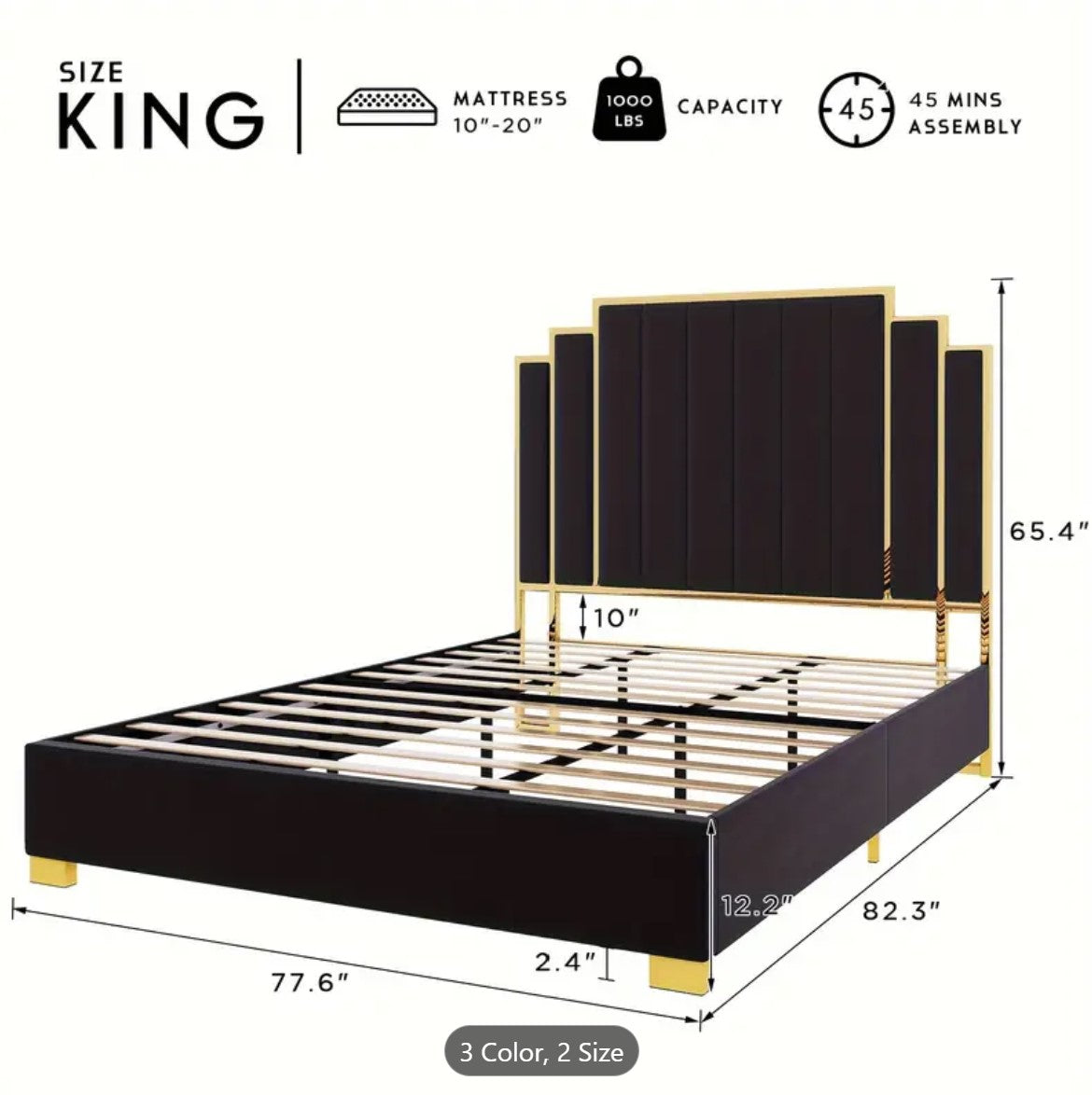 Platform Bed Frame, 61.4"/65" Velvet Upholstered Bed with Golden Trim Headboard