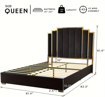 Platform Bed Frame, 61.4"/65" Velvet Upholstered Bed with Golden Trim Headboard