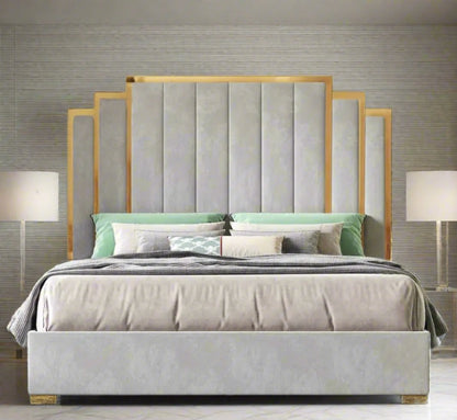 Platform Bed Frame, 61.4"/65" Velvet Upholstered Bed with Golden Trim Headboard