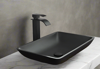 Matte Shell Glass Rectangular Vessel Bathroom Sink with Faucet and Pop-Up Drain