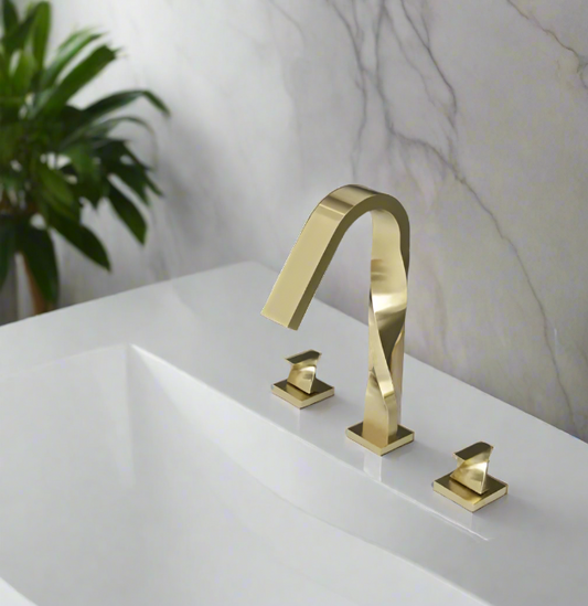 Widespread High Arc Bathroom Faucet Double Handle Brushed Gold Lavatory Vanity Basin Faucet - Modern Design for 3-Hole Sinks