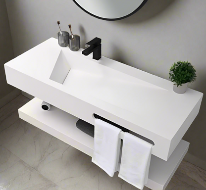 Double-Layered Glass Back Rock Panel Bathroom Cabinet with Ceramic Integrated Basin