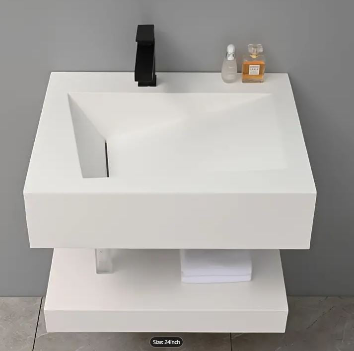 Double-Layered Glass Back Rock Panel Bathroom Cabinet with Ceramic Integrated Basin