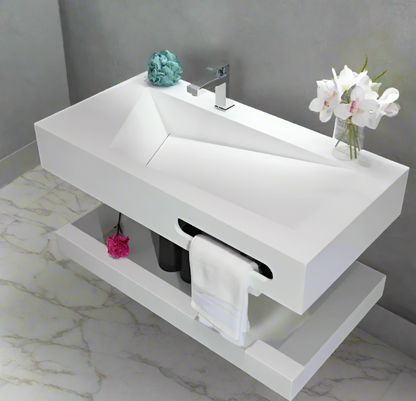 Double-Layered Glass Back Rock Panel Bathroom Cabinet with Ceramic Integrated Basin