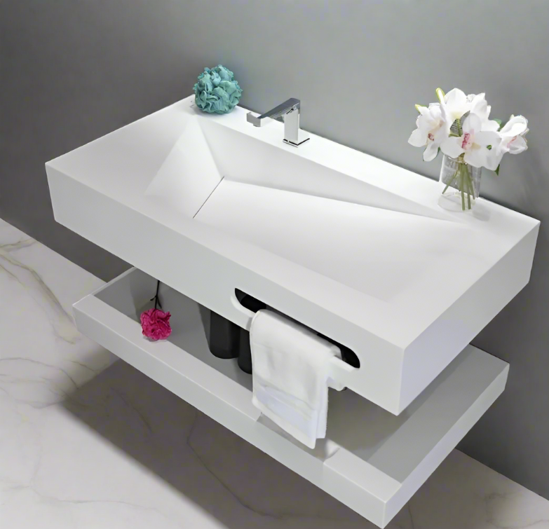 Double-Layered Glass Back Rock Panel Bathroom Cabinet with Ceramic Integrated Basin