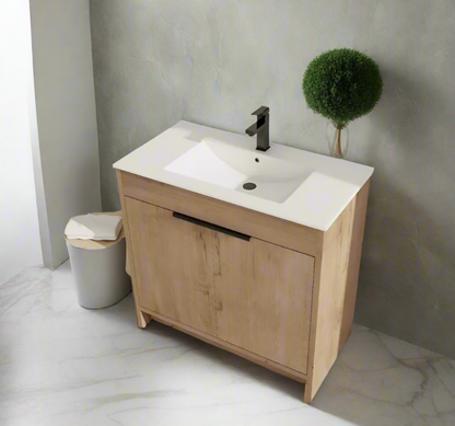 36" Freestanding Bathroom Vanity with White Ceramic Sink & 2 Soft-Close Cabinet Doors