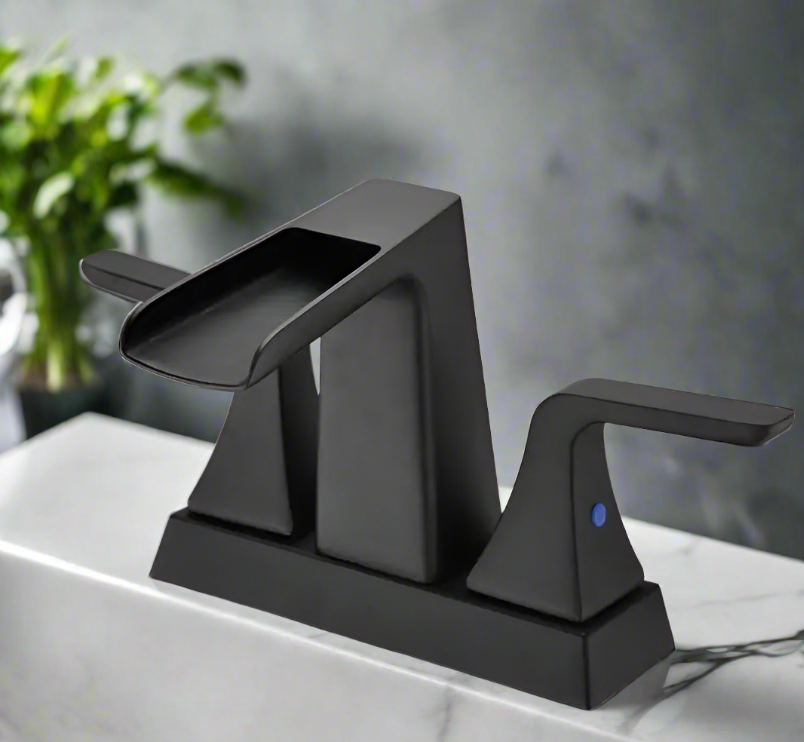 Two Handle 4-Inch Centerset Waterfall Bathroom Sink Faucet, Matte Black