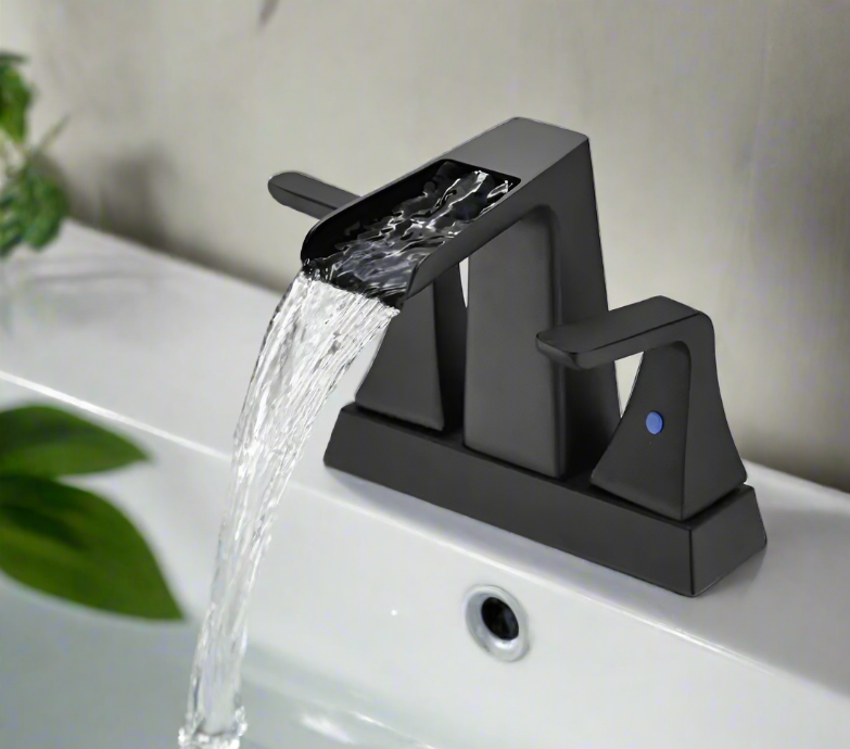 Two Handle 4-Inch Centerset Waterfall Bathroom Sink Faucet, Matte Black