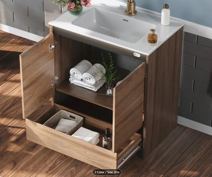 31" Wide Walnut Finish LED Lights Bathroom Vanity with Sink Combo