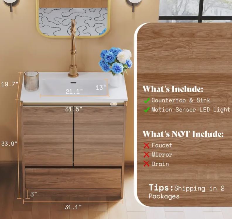 31" Wide Walnut Finish LED Lights Bathroom Vanity with Sink Combo