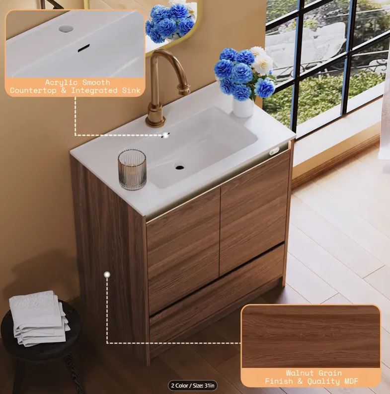 31" Wide Walnut Finish LED Lights Bathroom Vanity with Sink Combo