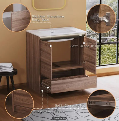 31" Wide Walnut Finish LED Lights Bathroom Vanity with Sink Combo