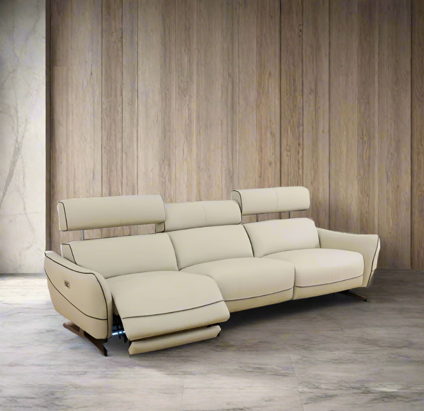 Beige Top Grain Leather and PVC 3-Piece Living Room Recliner Sofa Set