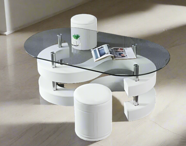 3-Piece Coffee Table Set: Oval Tempered Glass Table with Two Leather Stools