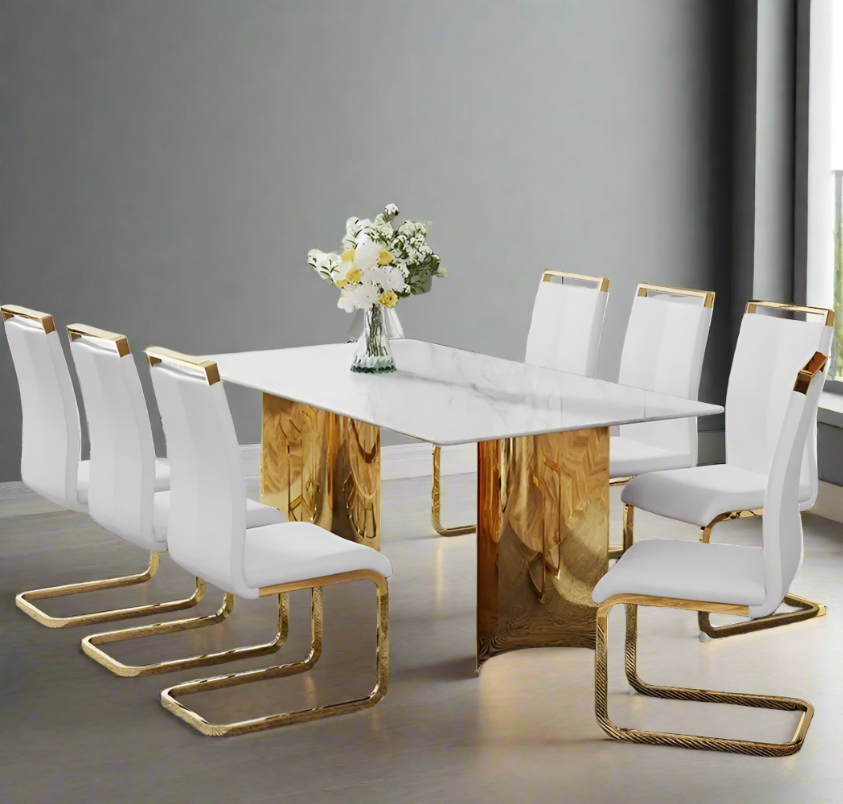 Modern Minimalist Dining Table with White Imitation Marble Glass Top and Golden Metal Legs