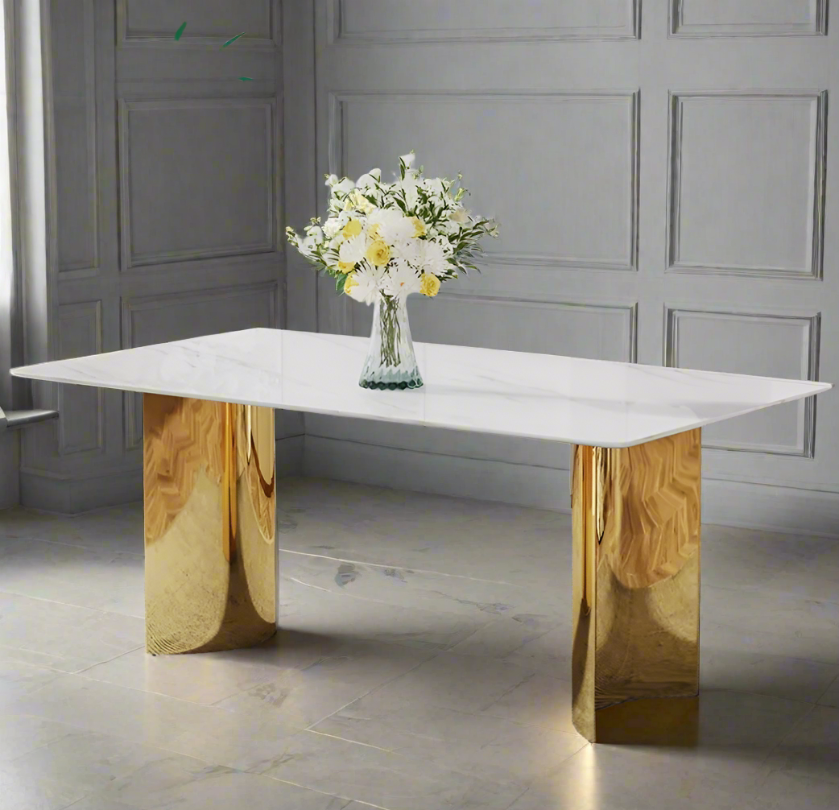 Modern Minimalist Dining Table with White Imitation Marble Glass Top and Golden Metal Legs