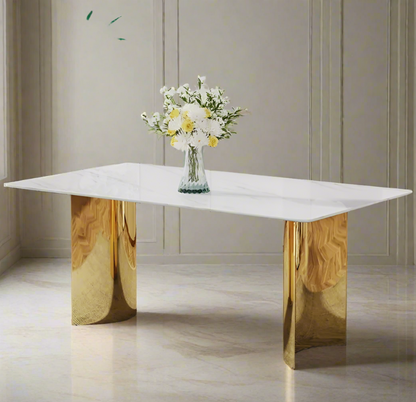 Modern Minimalist Dining Table with White Imitation Marble Glass Top and Golden Metal Legs