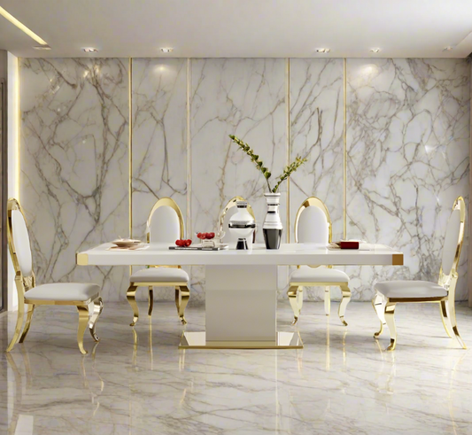 Elegant Glass Top Dining Table with Gold Accents