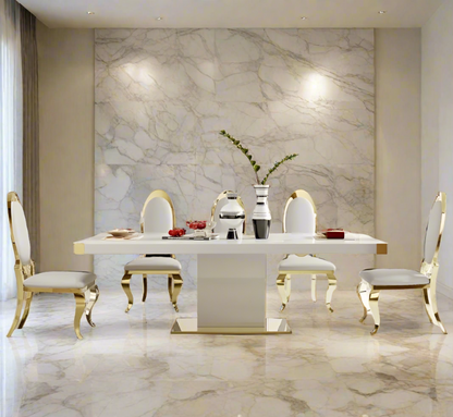 Elegant Glass Top Dining Table with Gold Accents