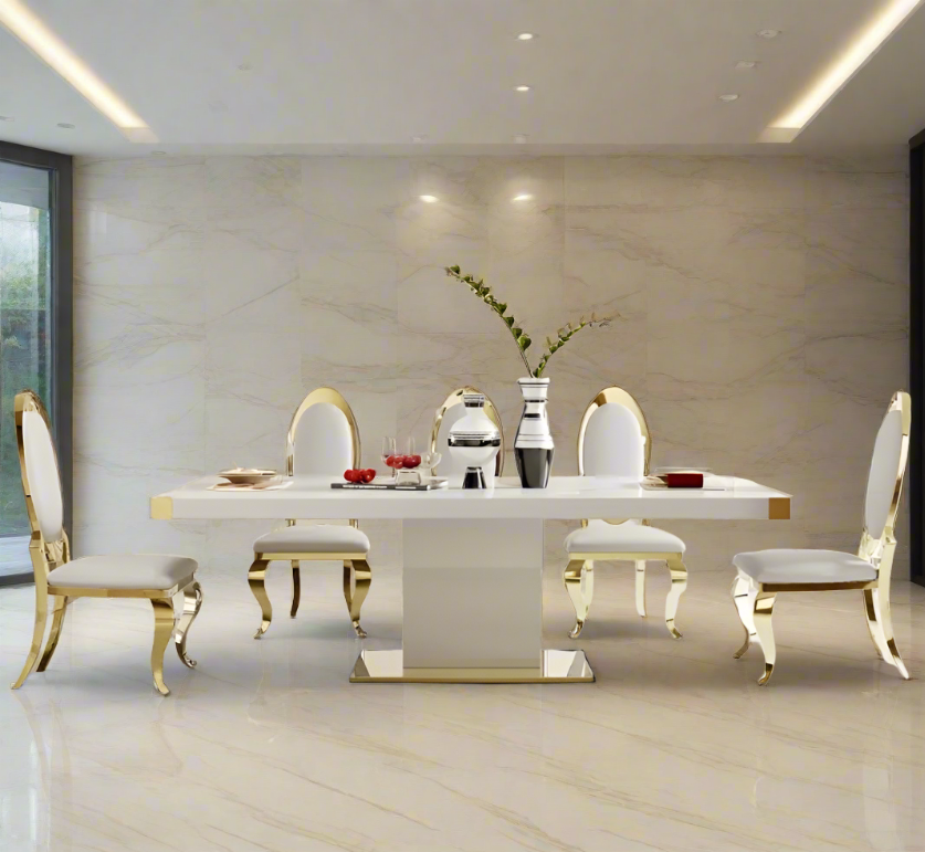 Elegant Glass Top Dining Table with Gold Accents