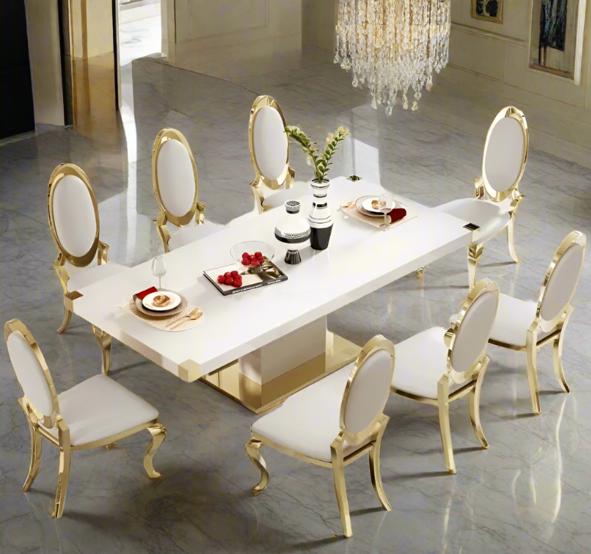 Elegant Glass Top Dining Table with Gold Accents