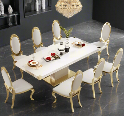 Elegant Glass Top Dining Table with Gold Accents