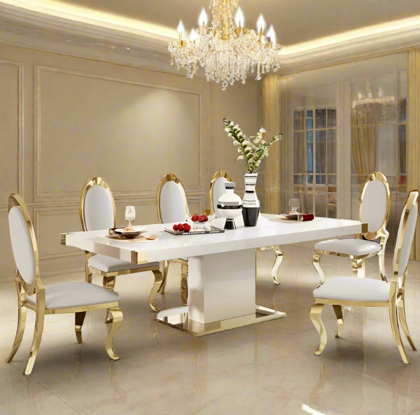 Elegant Glass Top Dining Table with Gold Accents