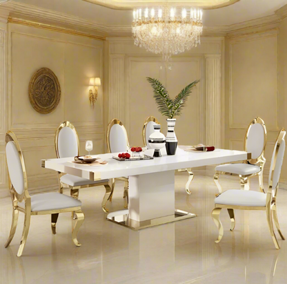 Elegant Glass Top Dining Table with Gold Accents