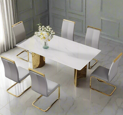 Modern Minimalist Dining Table with White Imitation Marble Glass Top and Golden Metal Legs