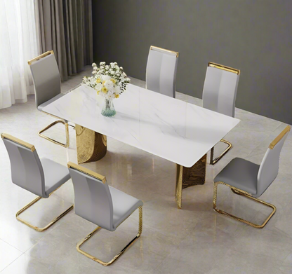 Modern Minimalist Dining Table with White Imitation Marble Glass Top and Golden Metal Legs