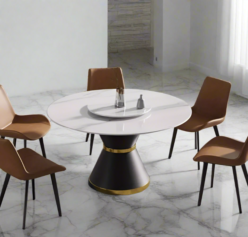 53" Modern Artificial Stone Round Dining Table with Black Carbon Steel Base