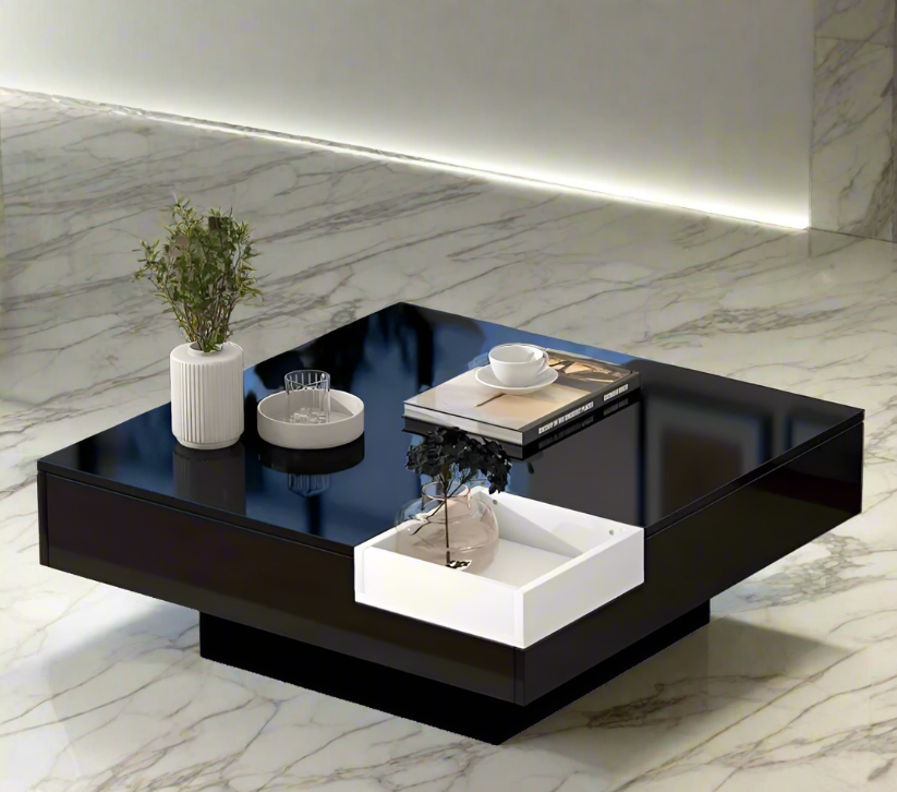 Modern Minimalist Square Coffee Table with LED Light Strip