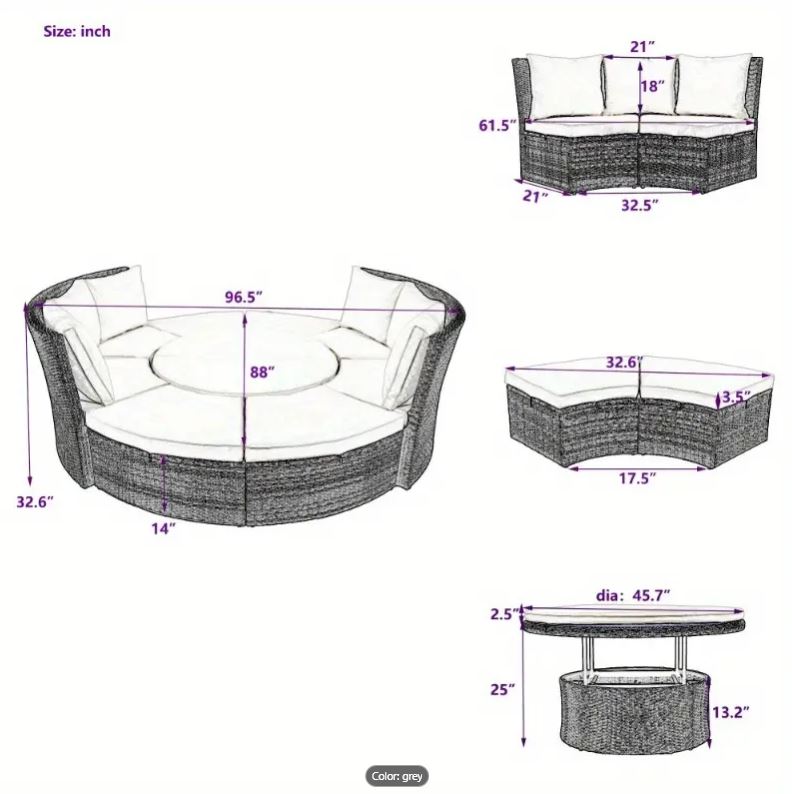 5-Piece Outdoor Patio Round Rattan Sectional Sofa Set