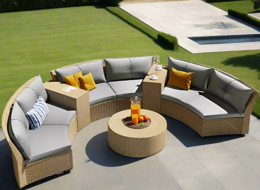 6-Person Curved-Shaped Rattan Patio Set